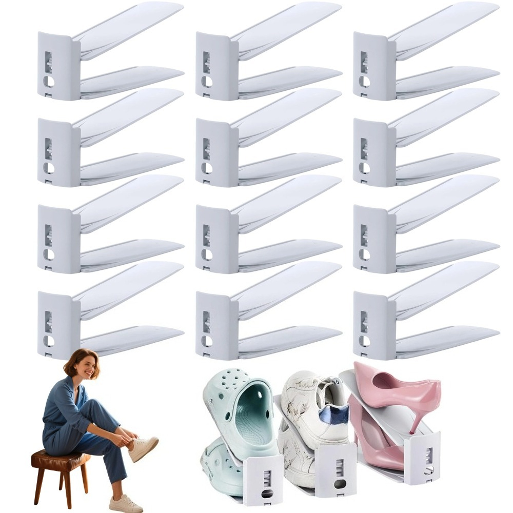 12pcs Three-speed Adjustable Double-deck Shoe Rack | Suitable For Wardrobe, Porch, Or Office, Metal Shelves, Plastic Material, Floor Mount, Load 4kg