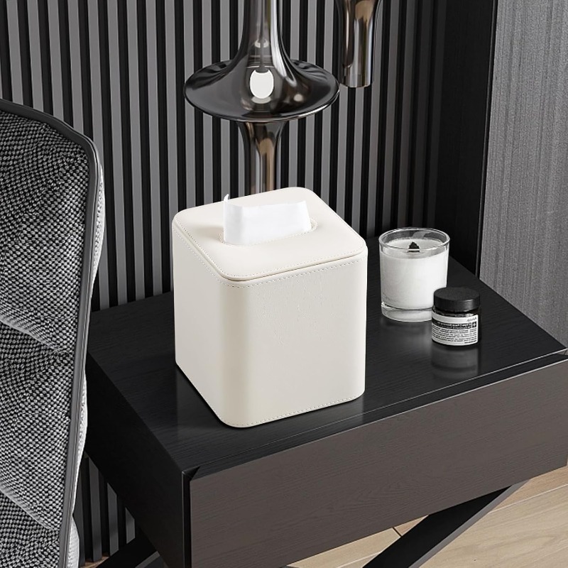   tissue box holder with magnetic closure - beige pu leather tissue case, rounded edges &  , secure magnetic lid for bathroom, living room, office - decorative & functional storage organizer, durable tissue dispenser (compatible with standard tissues) - elegant beige design,  , scratch-resistant, minimalist style for   decor, tissue box holder, facial tissue holder, tissue box cover Product details 4
