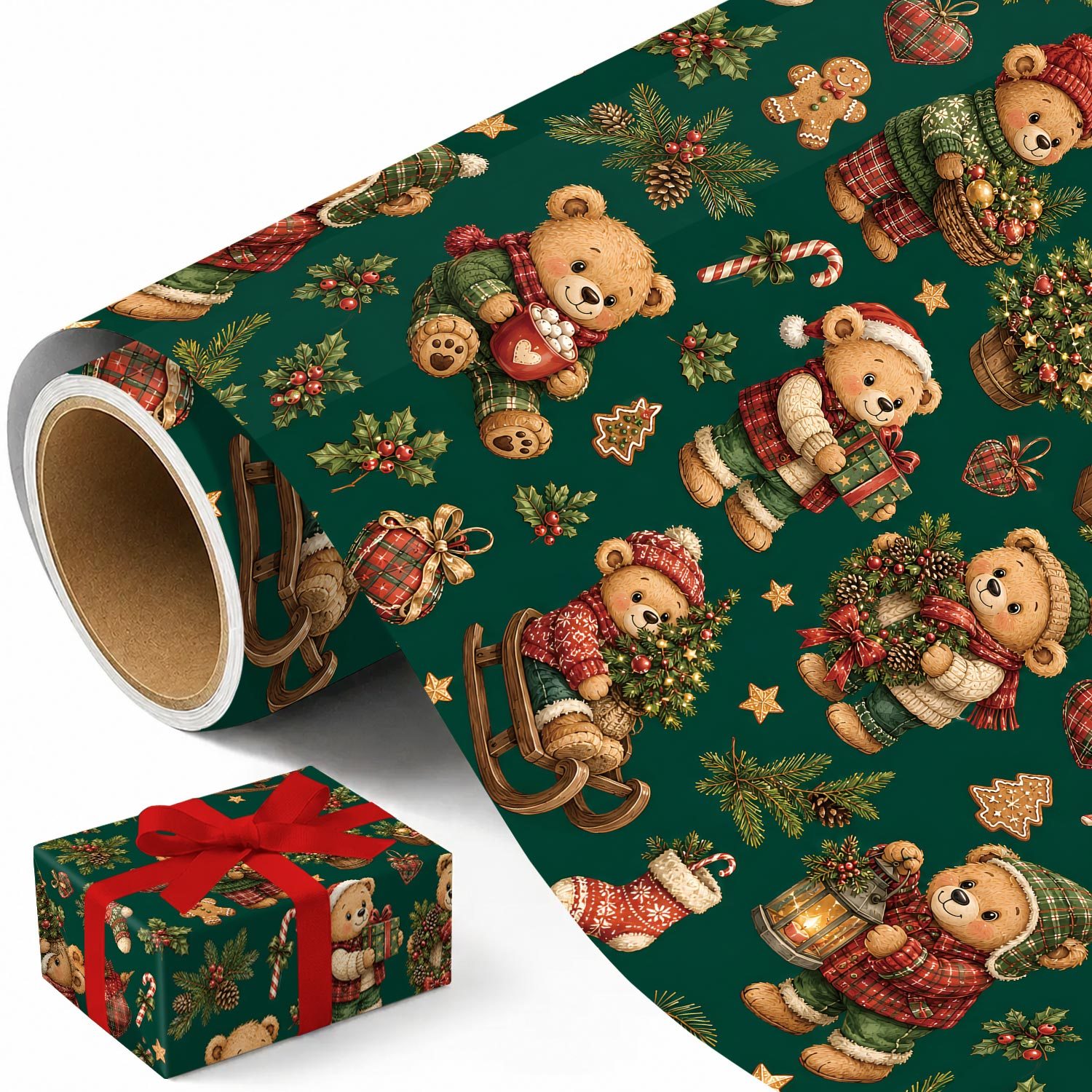 TEMU Rotolo di carta da regalo natalizia di peluche - 17.7 X 118 pollici, carta da regalo premium per le feste con simpatici natalizi, , rami di pino
