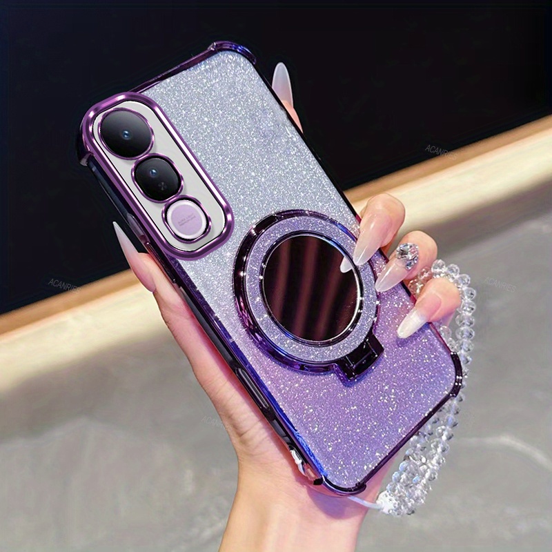 TEMU elegante con chapado de lujo, diseño resistente a y espesado para Vivo V50 Lite 4G 5G, con soporte magnético espejo y cadena de pulsera de
