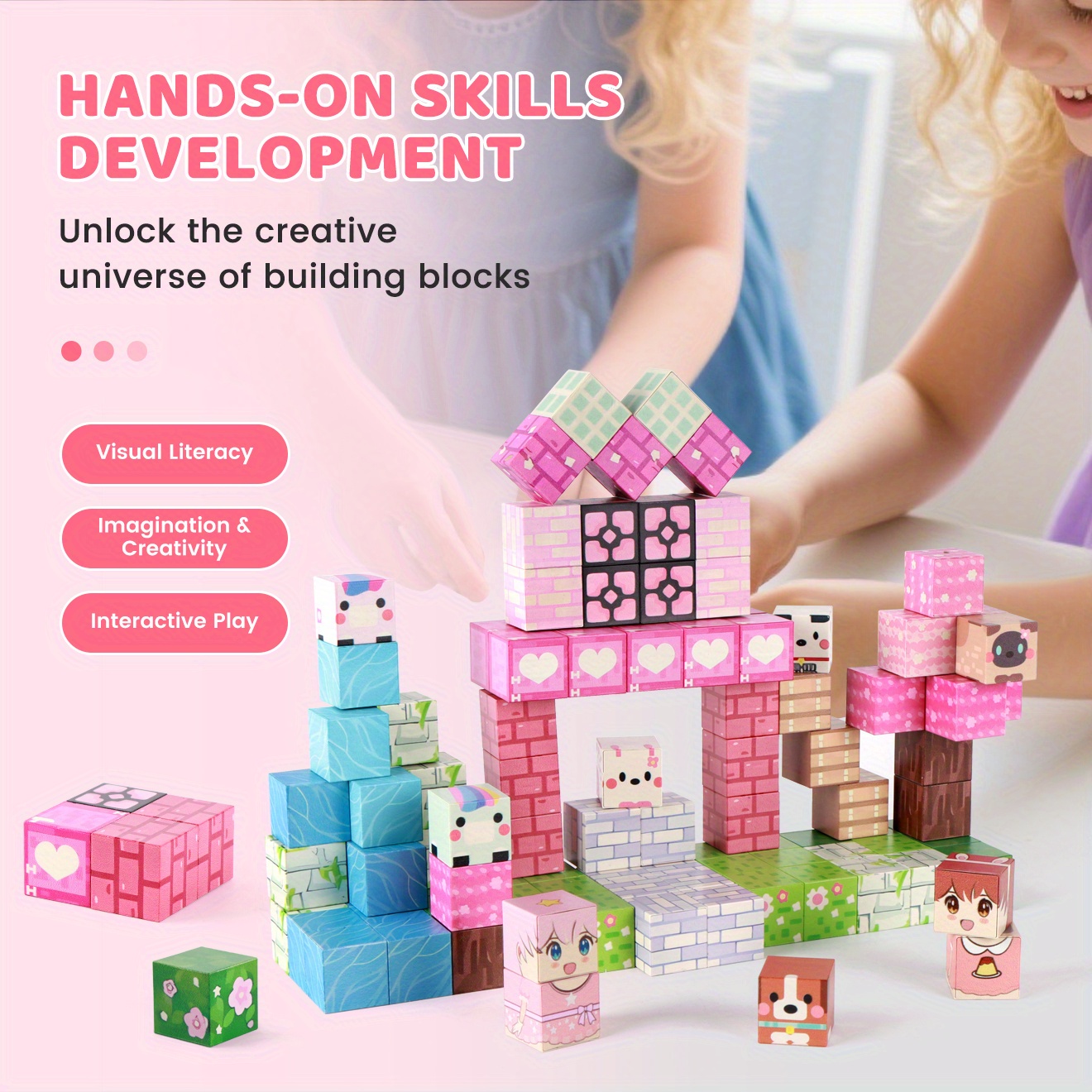 100pcs STEM Magnetic Building Blocks & Tiles, Pink Forest Park Theme