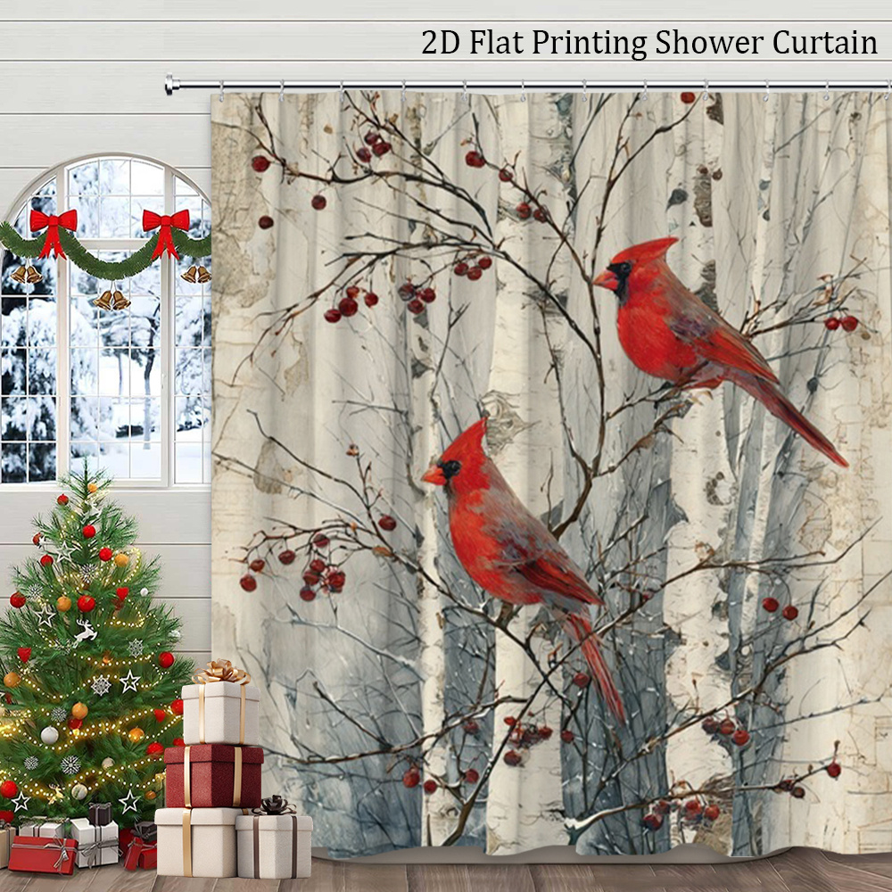 TEMU 2d Flat, [2d Flat Printing]1pcs Winter Shower Curtain Whimsical Red Birds On Birch Tree Branches Nature Theme Bathroom Hanging Curtain Set
