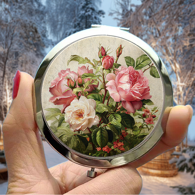TEMU 1pc 2d Flat Portable Makeup Mirror Christmas Joy Mirror Featuring A Cluster Of Pink Roses Surrounded By Green Leaves On A Textured Background
