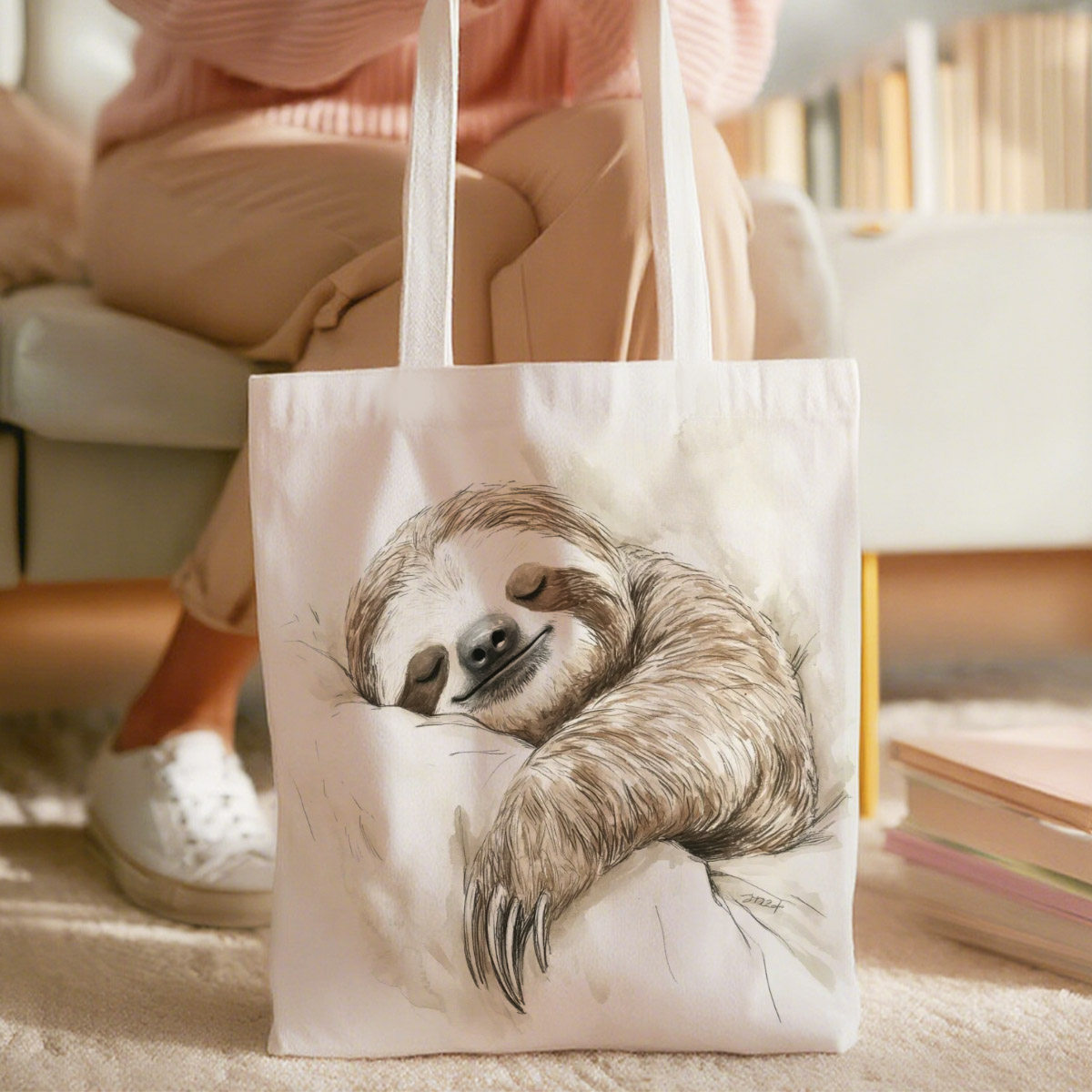 TEMU Cute Sleeping Sloth Shoulder Bag With Cozy Sloth Design, 1pc Double-sided Printed Shoulder Bag Featuring 2d Flat Printing For , Daily , Grocery