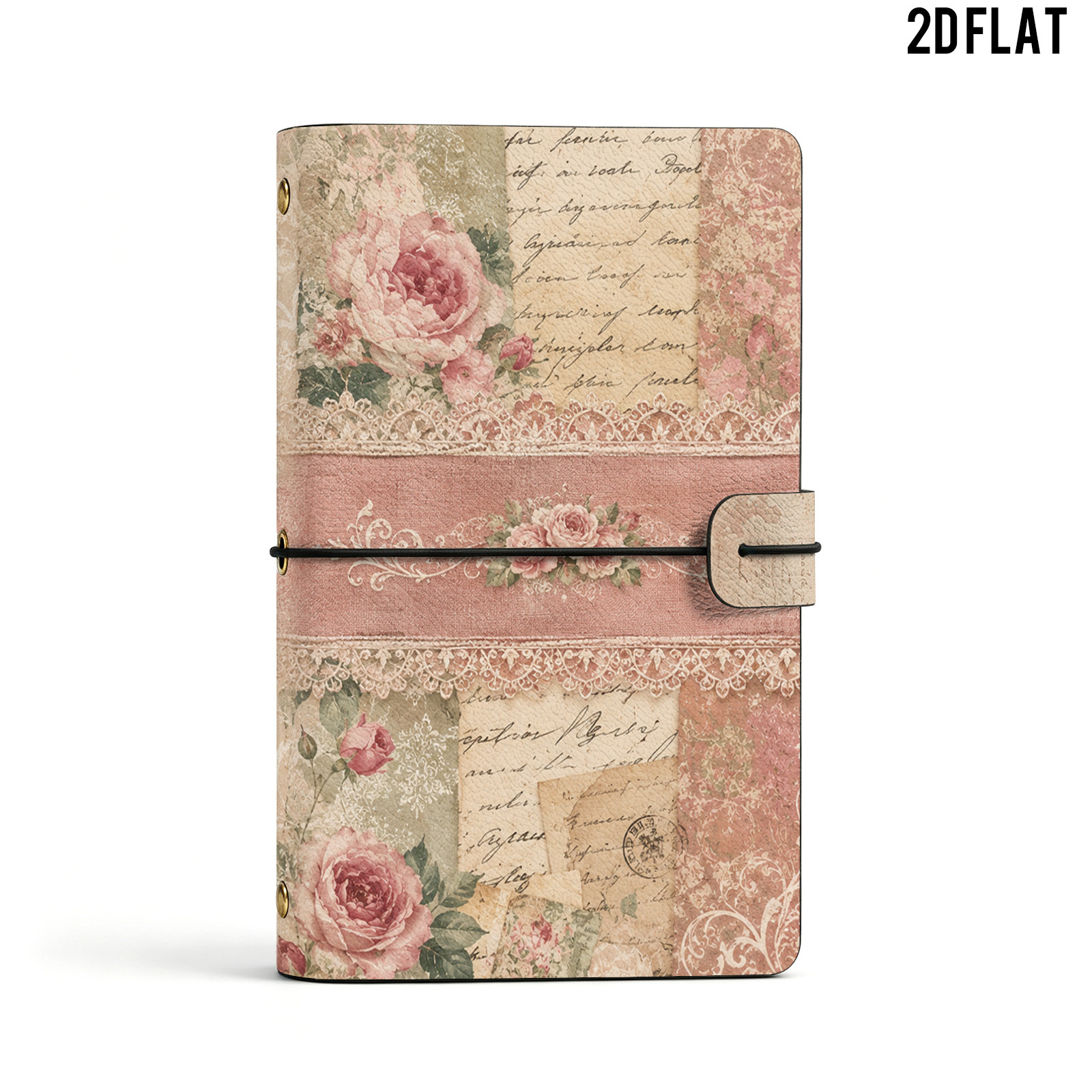 TEMU 1pc Rose Lace Multifunctional Vegetable- Leather Refillable Journal, Full-print Front And Back Cover, 6-ring Loose Leaf Binder Notebook, Elastic