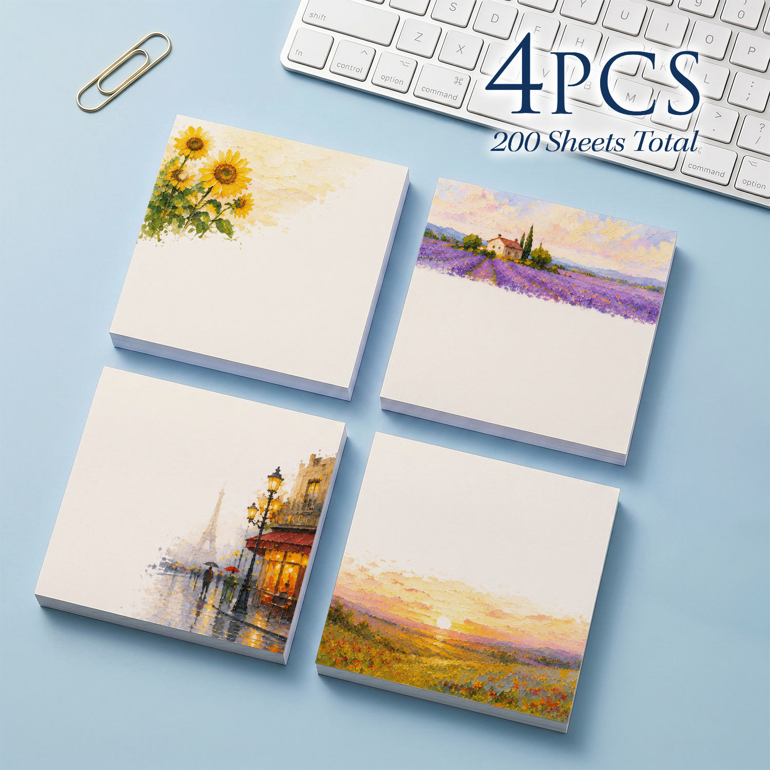 TEMU Lot de 4 blocs-notes adhésifs style peinture à l'huile pour agenda, autocollants amovibles avec de , lavande et paysage , 200 feuilles au total