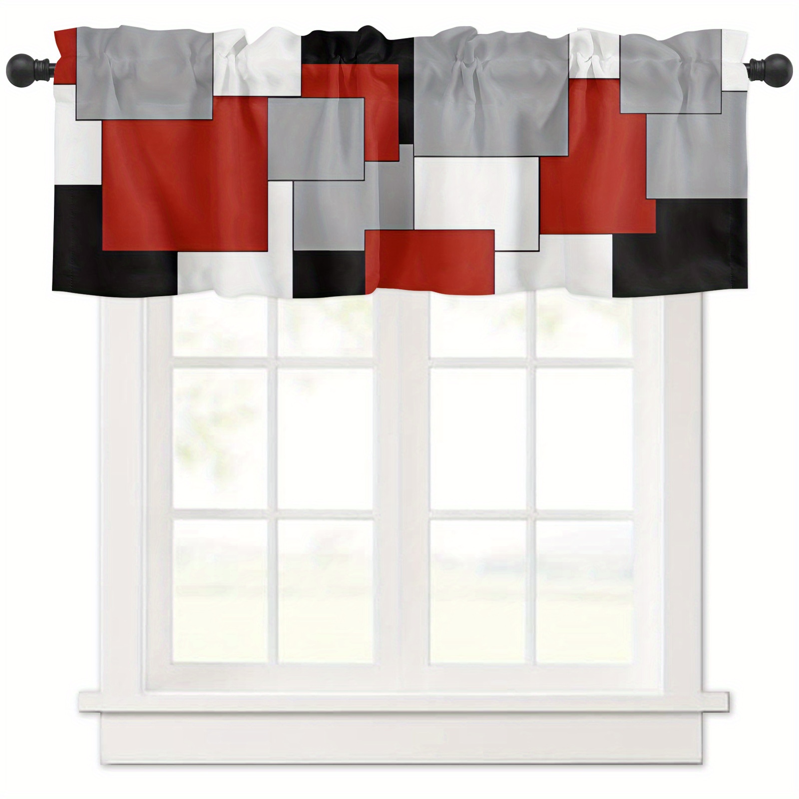 TEMU 1 pièce, Rideau court de fenêtre décoratif 54"x18" à poche pour tringle, filtrant , à blocs de couleur rouge et blanc, pour fenêtre