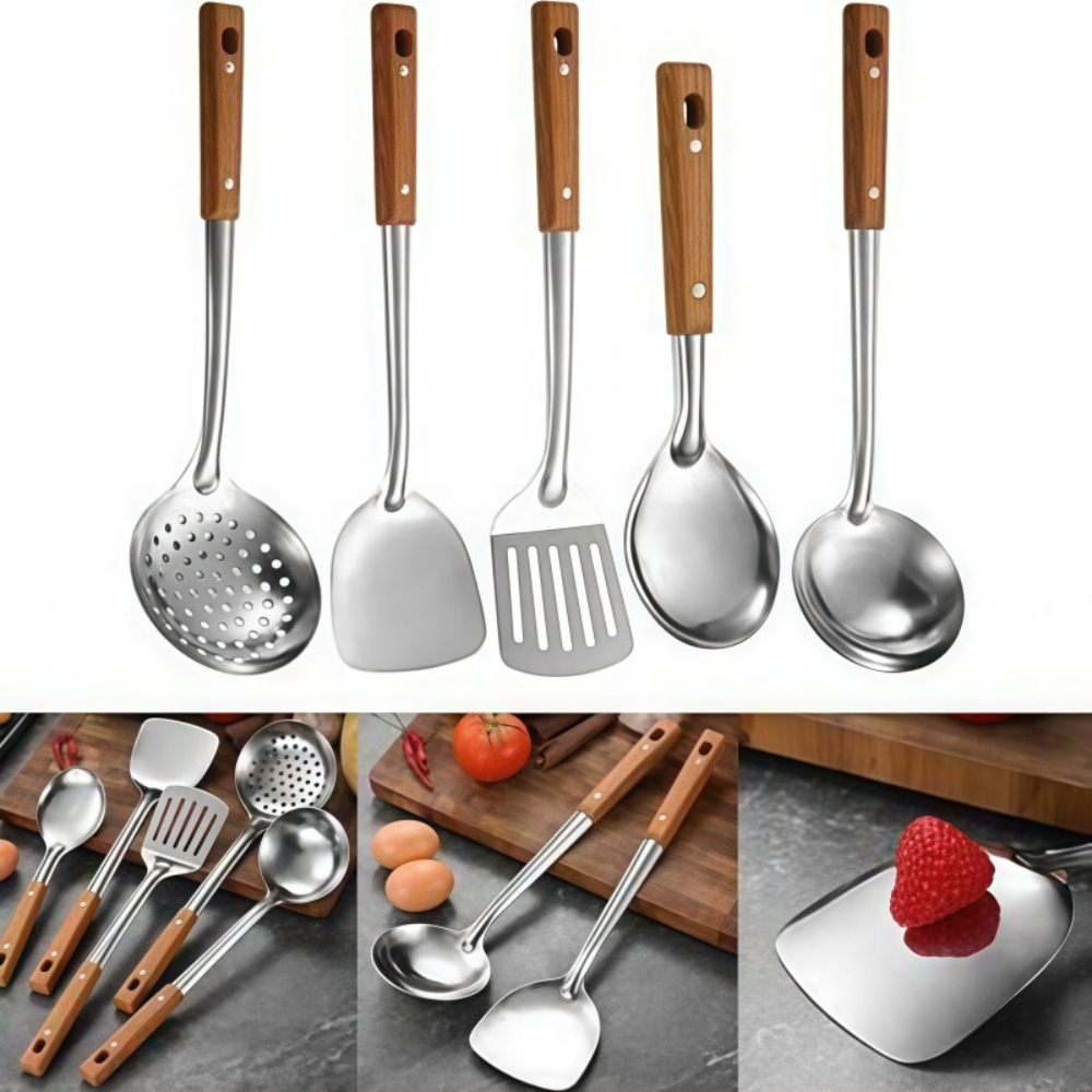TEMU 5pcs Stainless Steel Cookware Additions Tools Kitchen Cooking Utensils Frying Shovel Spoon Rice Shovel Colander Set