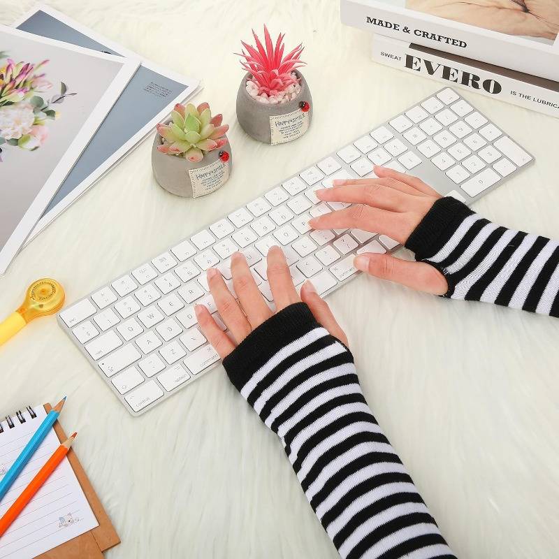 Ro Rox Gothic Striped Armwarmers Fingerless Thumbhole Elbow Gloves Knitted Punk, Grey, One-Size