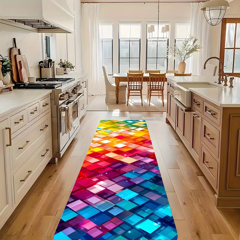 

1pc Vibrant Geometric Pattern Long Rug - Soft, , Non-slip, Waterproof Sponge Mat With | Machine Washable For Kitchen, Hallway, Living Room, Bathroom | Modern Decorative Runner Rug, Washable Area Rug