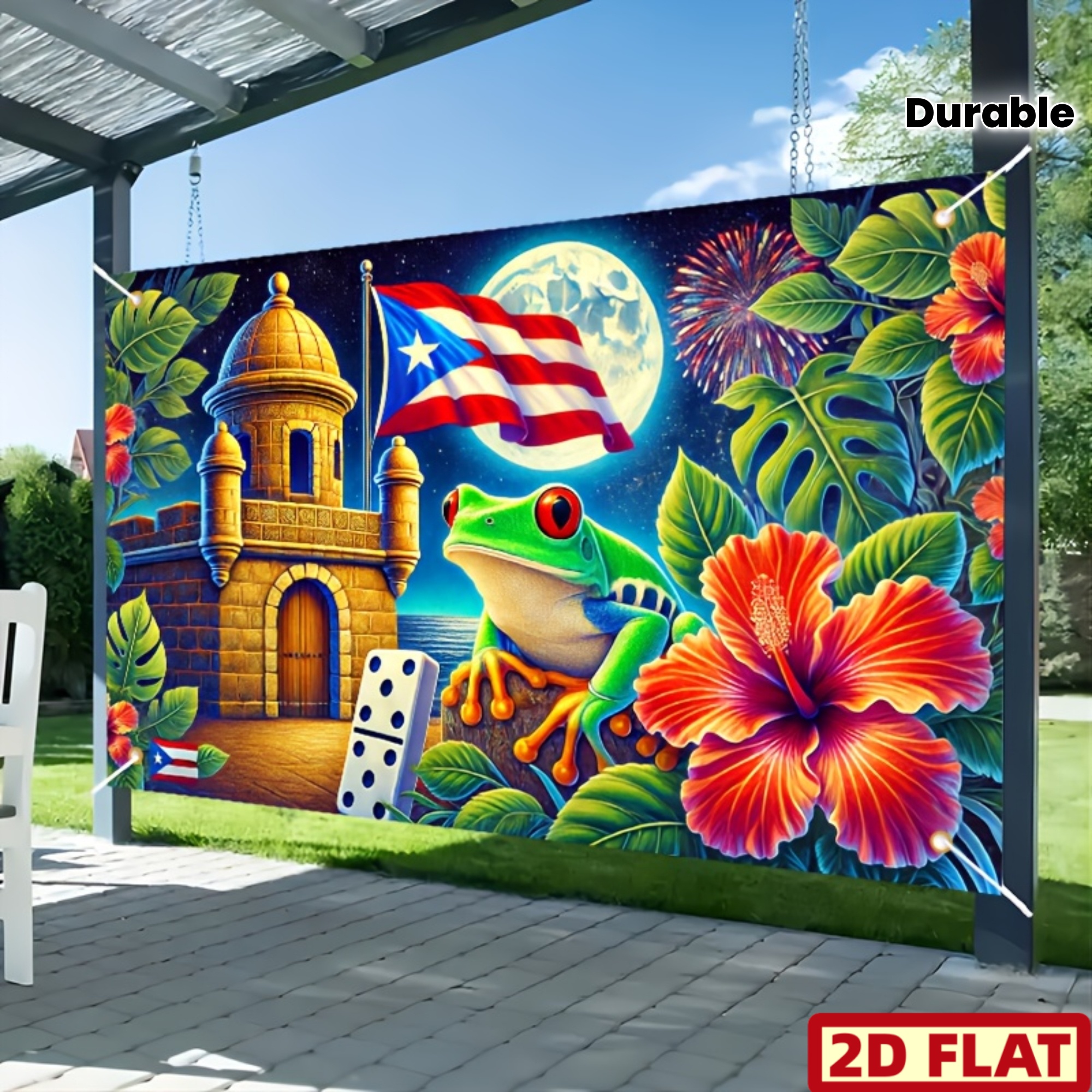 TEMU 2d Flat, 2d Flat - 2d Flat, 2d Flat - A 2d Flat Banner, 1pc Featuring A Puerto Carnival Design With Tropical Frogs, Flags, Fireworks, Hibiscus