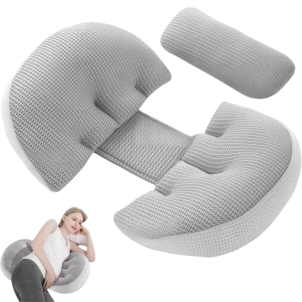 U Shaped Pregnancy Pillow Grey, Lumbar And Abdominal Support Side Sleeping Cushion With Auxiliary Pillow For Maternity Use, Vacuum Packed