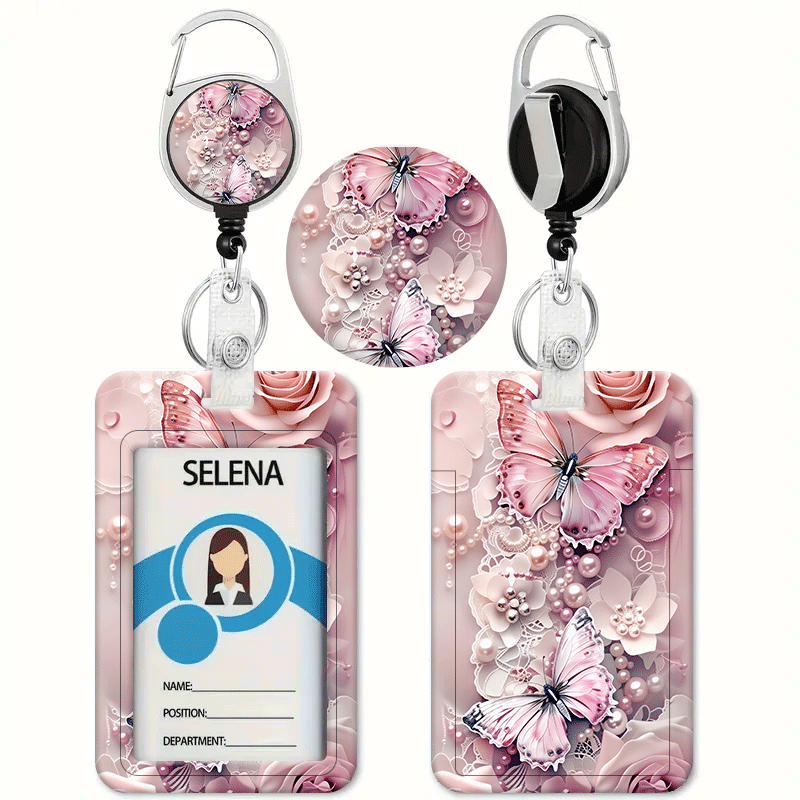 TEMU Pink Lace Rose Printed Card Holder With A Retractable Badge Reel - Id Badge Holder, Credit Card Holder, Heavy-duty Lanyard Suitable For Nurses,