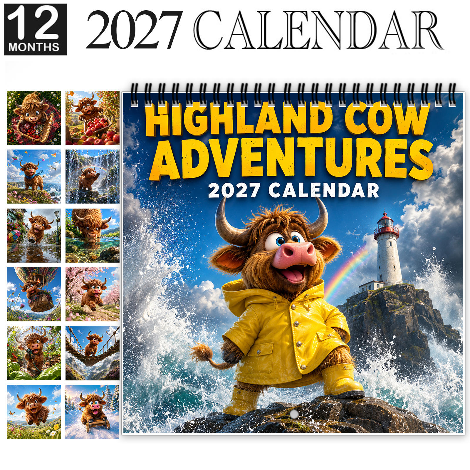 TEMU Calendrier mural de quotidienne de vache Highland 2027, calendrier de 12 mois relié avec de grands blocs de date inscriptibles, mettant en des