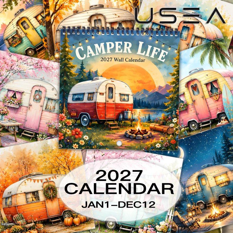 TEMU 2027 Wandkalender, Life Vintage Trailer Thema, 12-Monats-Monatsplaner, Doppel-Drahtspiral-Hängekalender, 8,3 x 8,3 Zoll, Beschriftbare Blöcke,
