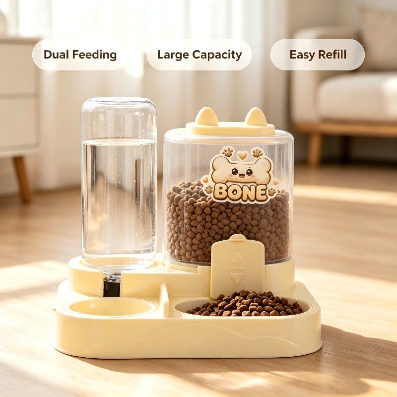 TEMU 2026 New 2in1 Gravity Pet Feeder And Water Dispenser Compact Automatic Food Water Bowl Set With , Detachable Feeding Station For Kittens Puppies
