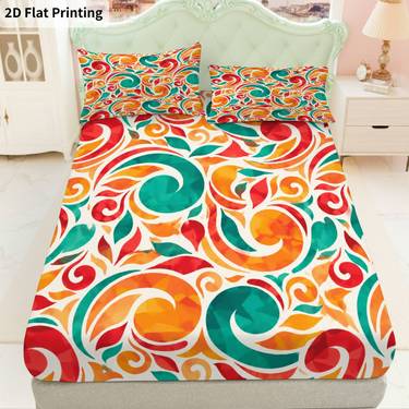 Juego de 3 piezas con sábana ajustable y patrón floral en espiral vibrante (1 sábana ajustable y 2 fundas de almohada, sin relleno), tema colorido, ropa de cama decorativa, protector de colchón suave y transpirable