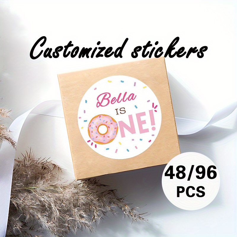 TEMU Custom 48/96pcs "donut Birthday" Round Stickers, Personalizable Content (like Name, Date, Etc.). Featuring A Pink Donut With Sprinkles Design.