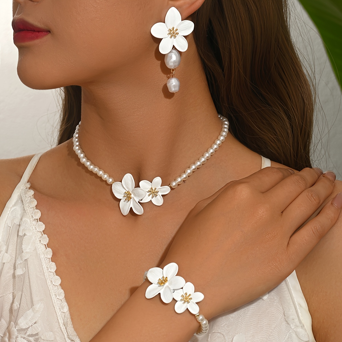 TEMU Fashion Handmade Bead Flower Earrings Necklace Bracelet Set, Retro Temperament Elegant Niche Versatile Unique Easy Women's Jewelry Set, Suitable