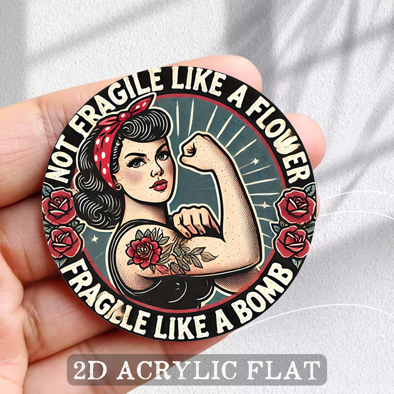 TEMU A Single Round 2d Flat Magnet Featuring A Strong Woman. This Empowerment Art Piece Is Designed For Fridges And Showcases A In A Tattoo Style,