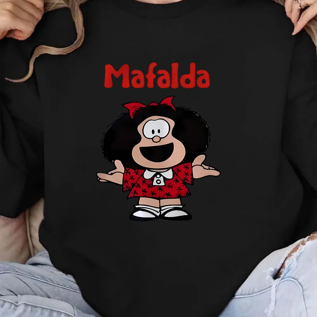 

1pc Women's Casual Pullover Sweatshirt With Cartoon Girl Graphic, Round Neck, Knitted Polyester Fabric, Stretchy, Fashion Top