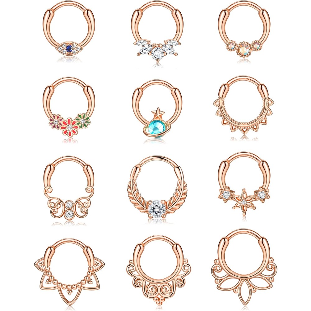 12pcs Septum Clicker Rings Stainless Steel Cz For Cartilage Helix Tragus Hoop Daith Earrings Evil Hinged Nose Rings For Women And Men