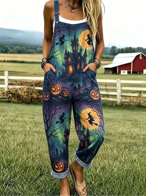 item picture new model womens vintage print overalls halloween theme print jumpsuit womens casual loose overalls autumn pants
