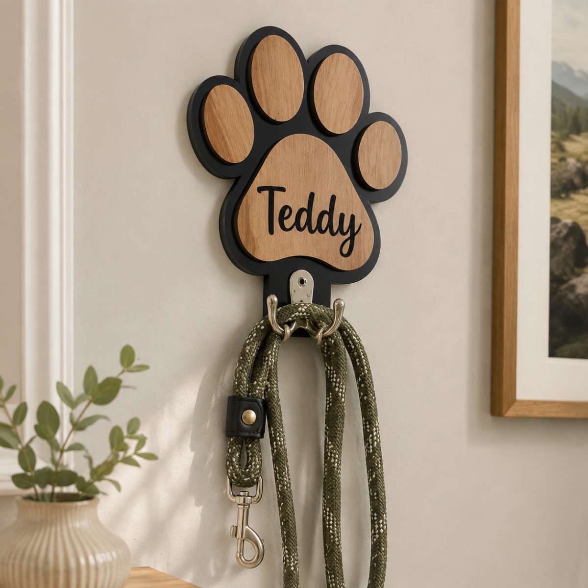 TEMU Personalized Paw Print Dog Leash Hanger & Wall Hook - Custom Engraved Name/date Suitable For Collars, Coats, Leashes - Wood With Paw Design -