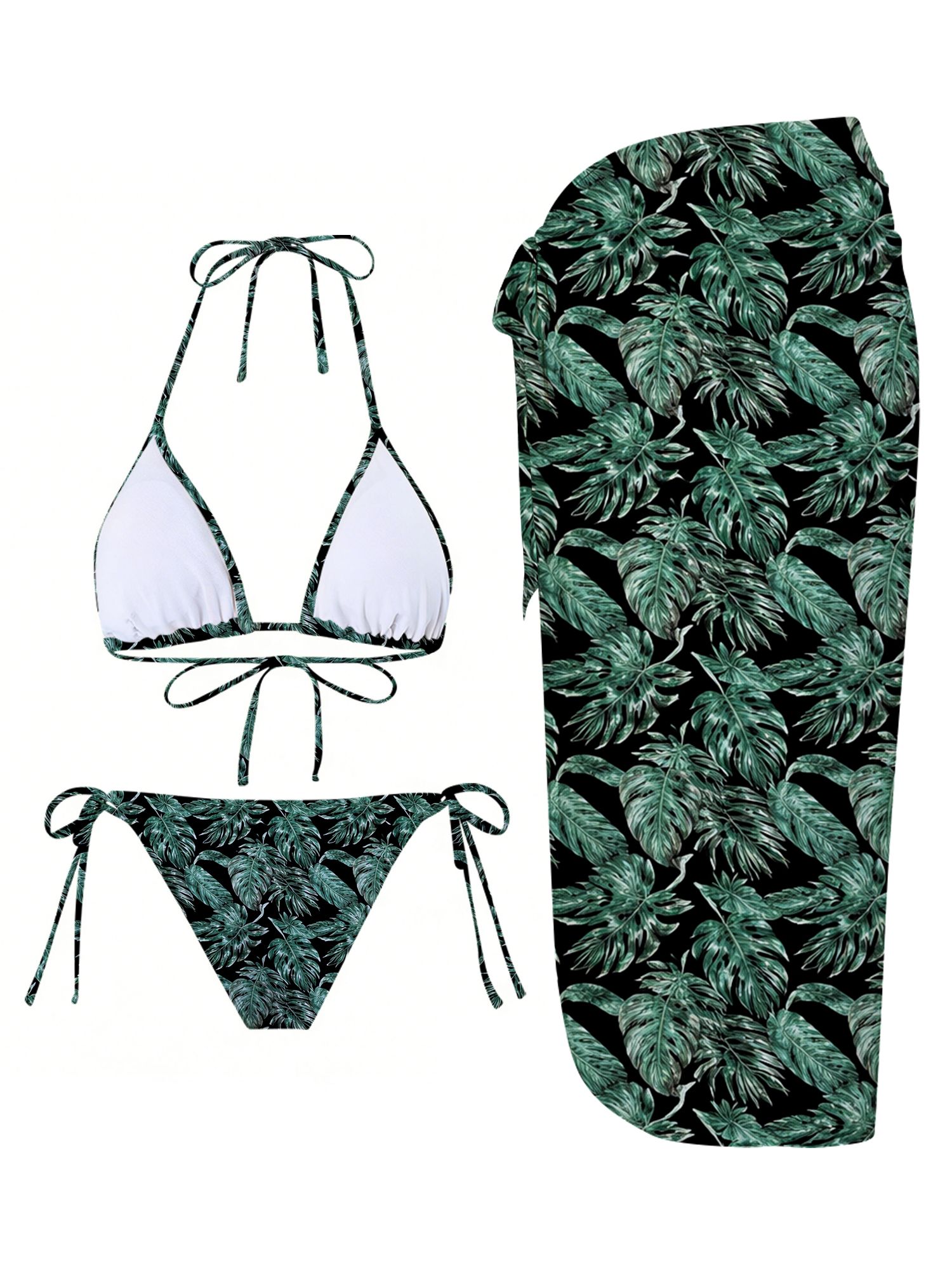 Tropical Leaf Pattern with Dark Green And Black Background Featuring Palm Leaves And Foliage Design on Swimwear Set Female Exquisite Printed Pattern Bikini Exquisite Bikini And Skirt Set