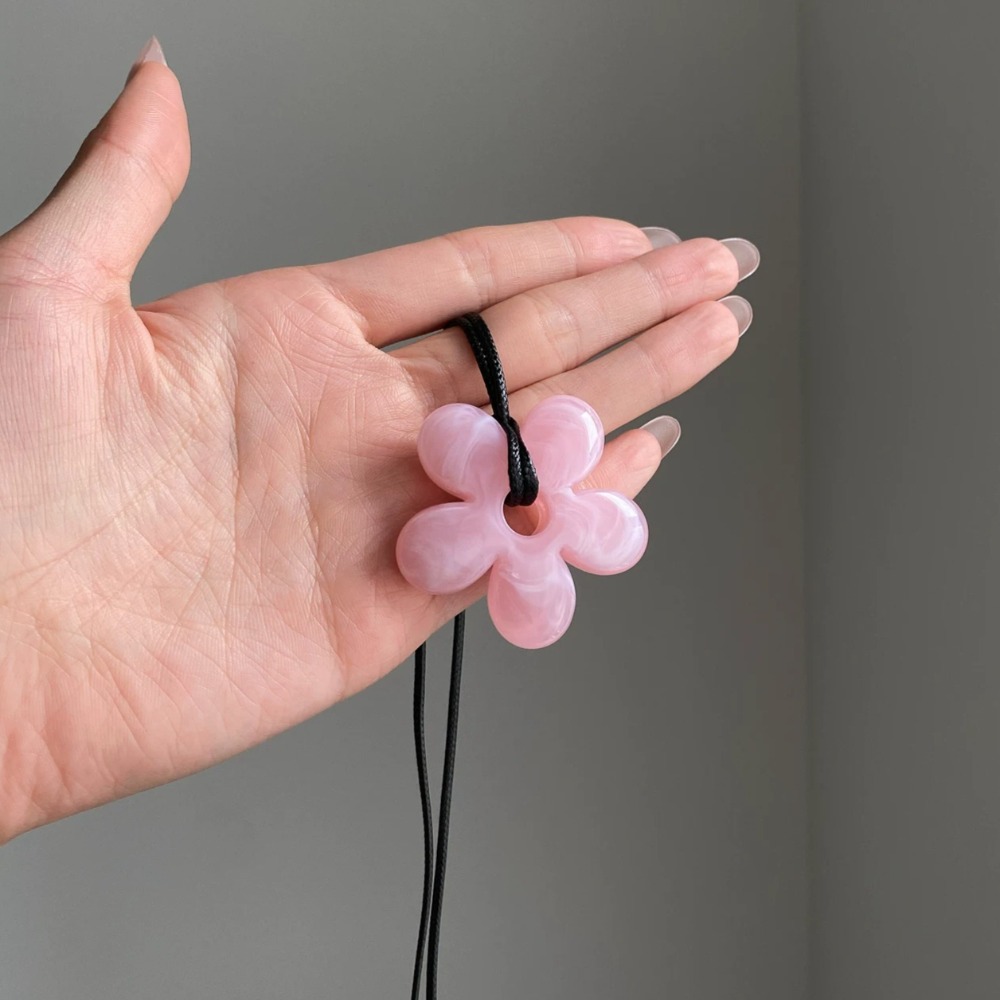 Korean Minimalist Pink Flower Pendant Long Rope Necklace