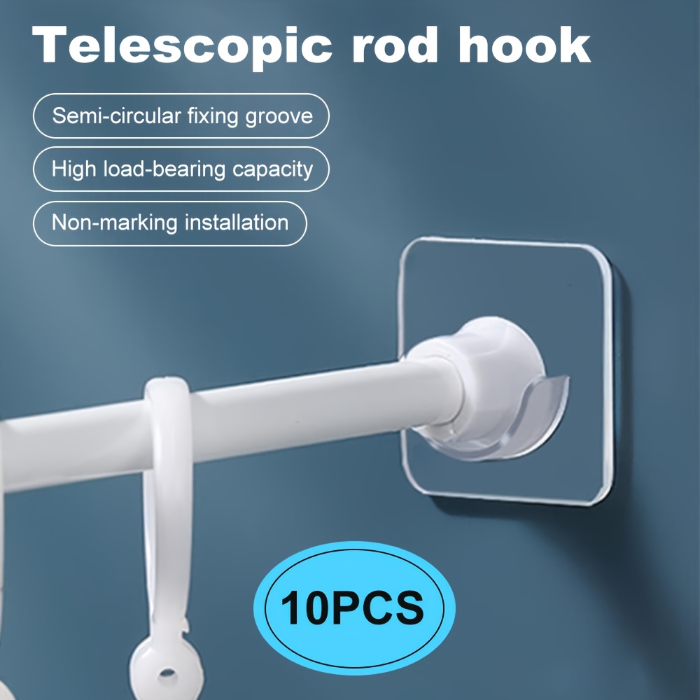 TEMU 10pcs Telescopic Rod Hooks, Transparent Adhesive No-drill Curtain Rod Holders, Utility Hooks