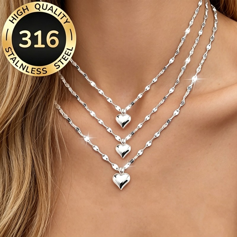 TEMU 3pcs Set High-quality Fashion Elegant Hypoallergenic Lip Gloss Heart Necklace, Women's Necklace, Stainless Steel Women' Jewelry, Hypoallergenic,
