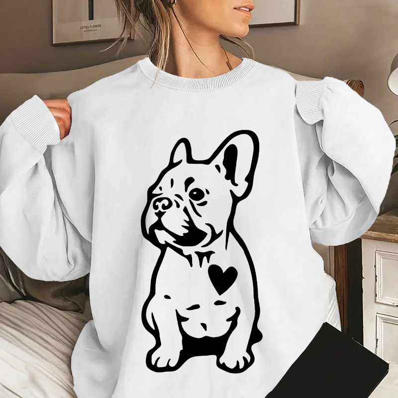 

Sweat-shirt décontracté à col rond pour femme avec imprimé géométrique de bulldog français, tissu tricoté 100% polyester, confort toutes , poids 260g/m² - Tenue tendance pour les amateurs de chiens