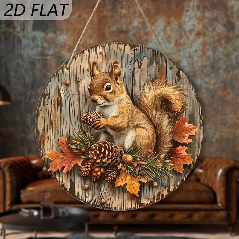 TEMU Ornement mural rond plat 2D, 1 pièce, style d'art décoratif en bois, automne, récolte, écureuil et feuille d'érable, décoration de ferme, , bar,