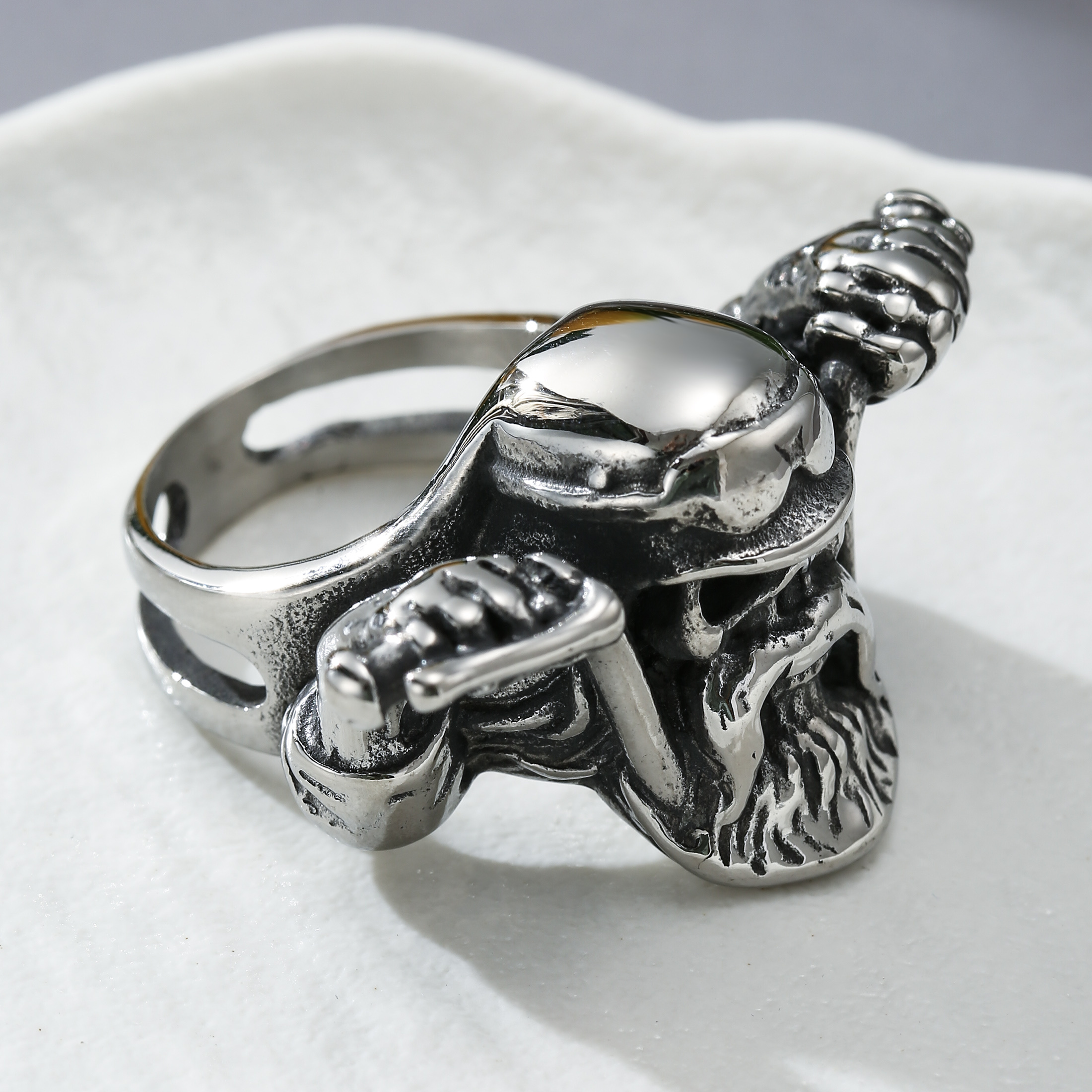 Image of Vintage Antique 304l 304l Stainless Steel Biker Skull Band Ring For Men, Rugged Style Embossed , Trendy Dark Fashion Accessory, Without Battery