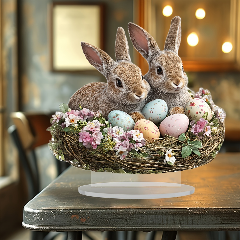 

2d Flat, Bohemian Style Easter Bunny And Egg Acrylic Tabletop Decoration, Bohemian Art For Home And Office Display, Perfect Gift.