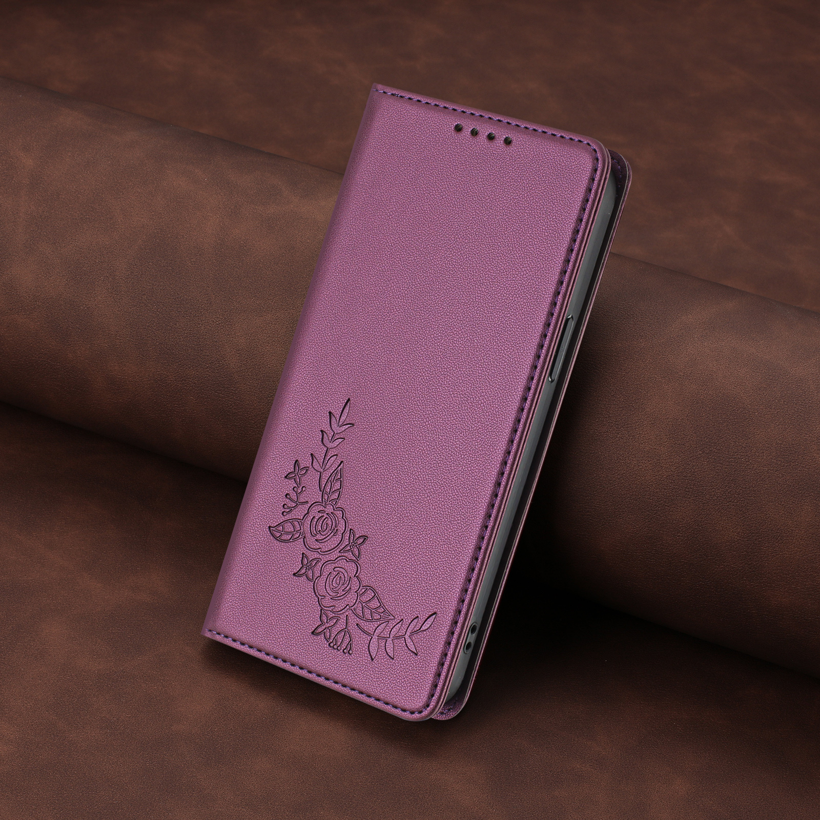 Etui za telefon - Globoko vijoličen dizajn z reliefnim vzorcem dvojnih cvetov za eleganten in stilski etui za telefon, izdelan iz sintetičnega
