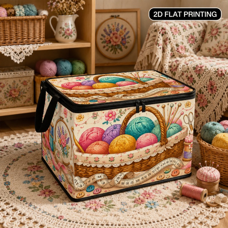 TEMU Jit1pc-colorful Yarn Ball Knitting Basket With Floral Handmade Pattern Storage Box | Large Capacity Foldable Storage Container | Lightweight And