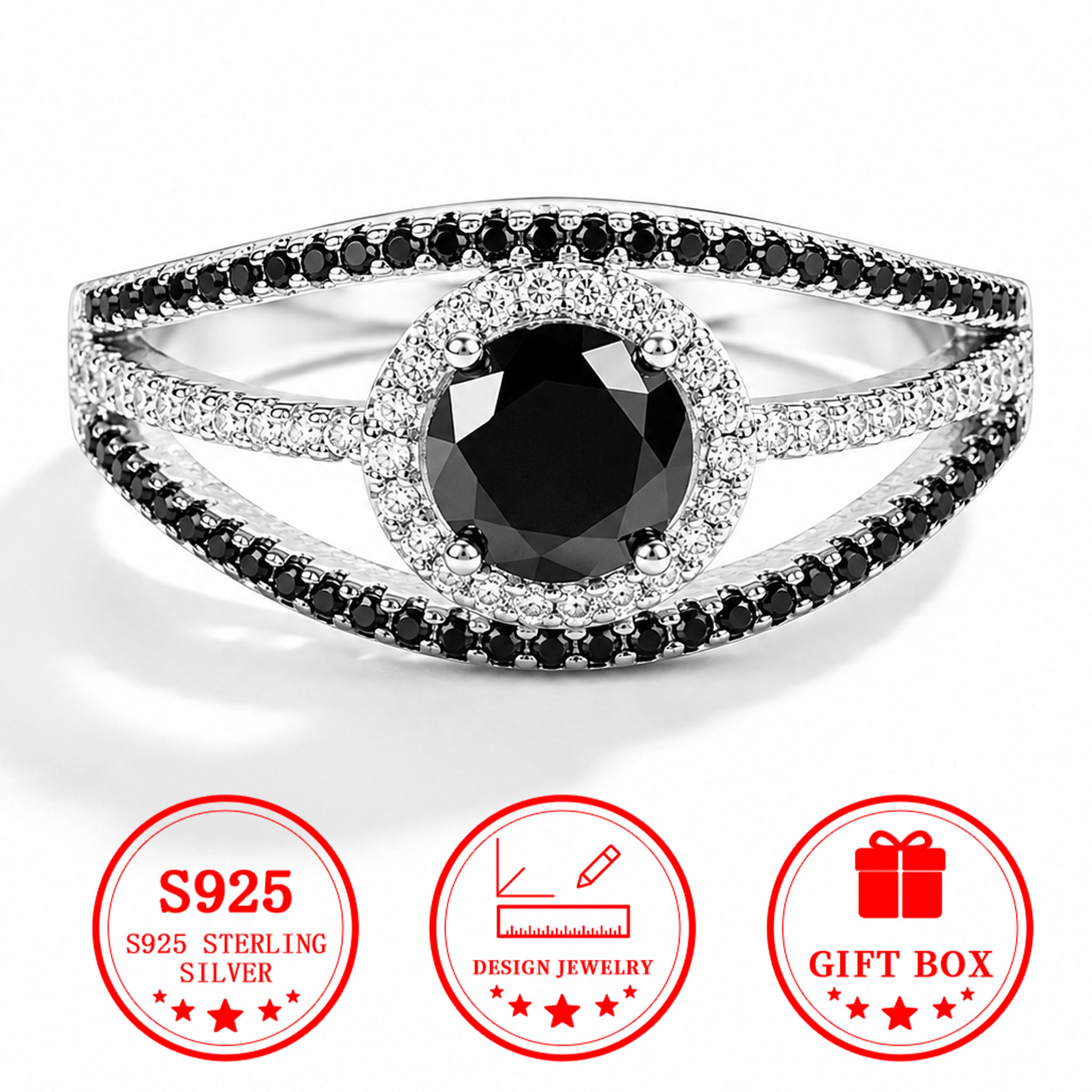 Men's S925 Silvery Devil's Eye Ring with Black & White Zirconia