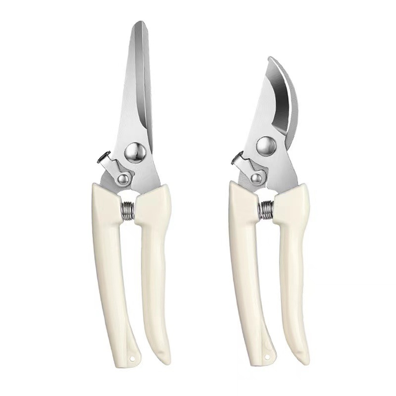 Image of 2 Pack Garden Flower Shears Pruning Shears Straight And Bypass Scissors Heavy Duty Plant Scissors For Cutting , Trimming Plants, Bonsai, Fruits Picking (white Handle Straight And Bypass Scissors)