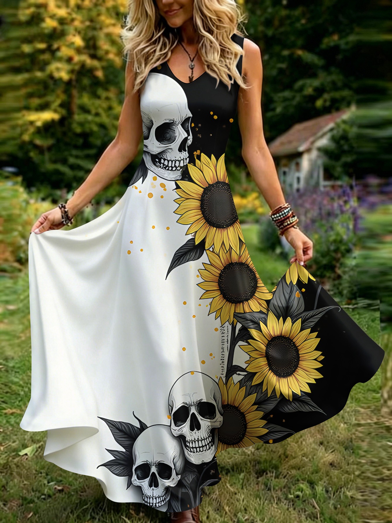 slim fit dress slacks Berrylush Women Yellow & White Sunflower Printed Round Neck Flared Fit main image 1