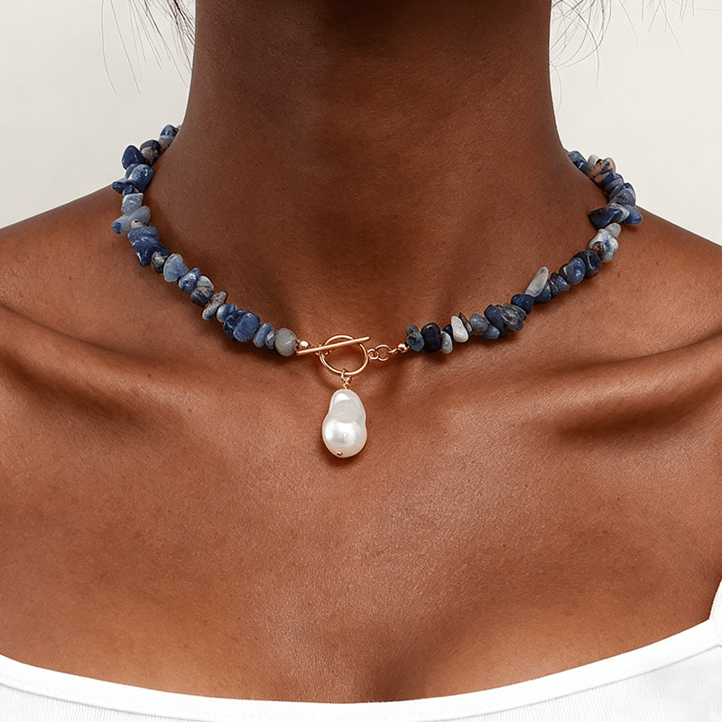 TEMU 1pc Summer Bohemian Style Irregular Gravel Beaded Ot Clasp Necklace, Seaside Vacation Blue Mixed Synthetic Turquoise Irregular White Round Bead