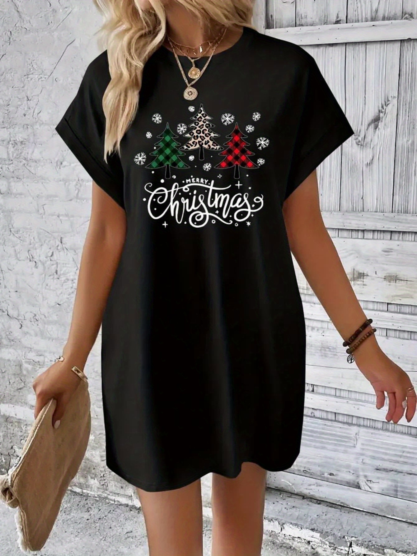 women's christmas graphic t-shirt dress - short sleeve round neck casual  loose fit with festive snowflakes & holly print, machine washable  knee-length spring summer dress for holiday parties & casual attire, -