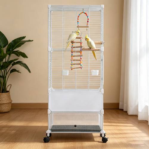 large white high density metal mesh bird cage suitable for budgies cockatiels hanging window design with sliding windows swing feeder and perches 44 inches by 18 inches by 14 inches detachable tray and swivel casters