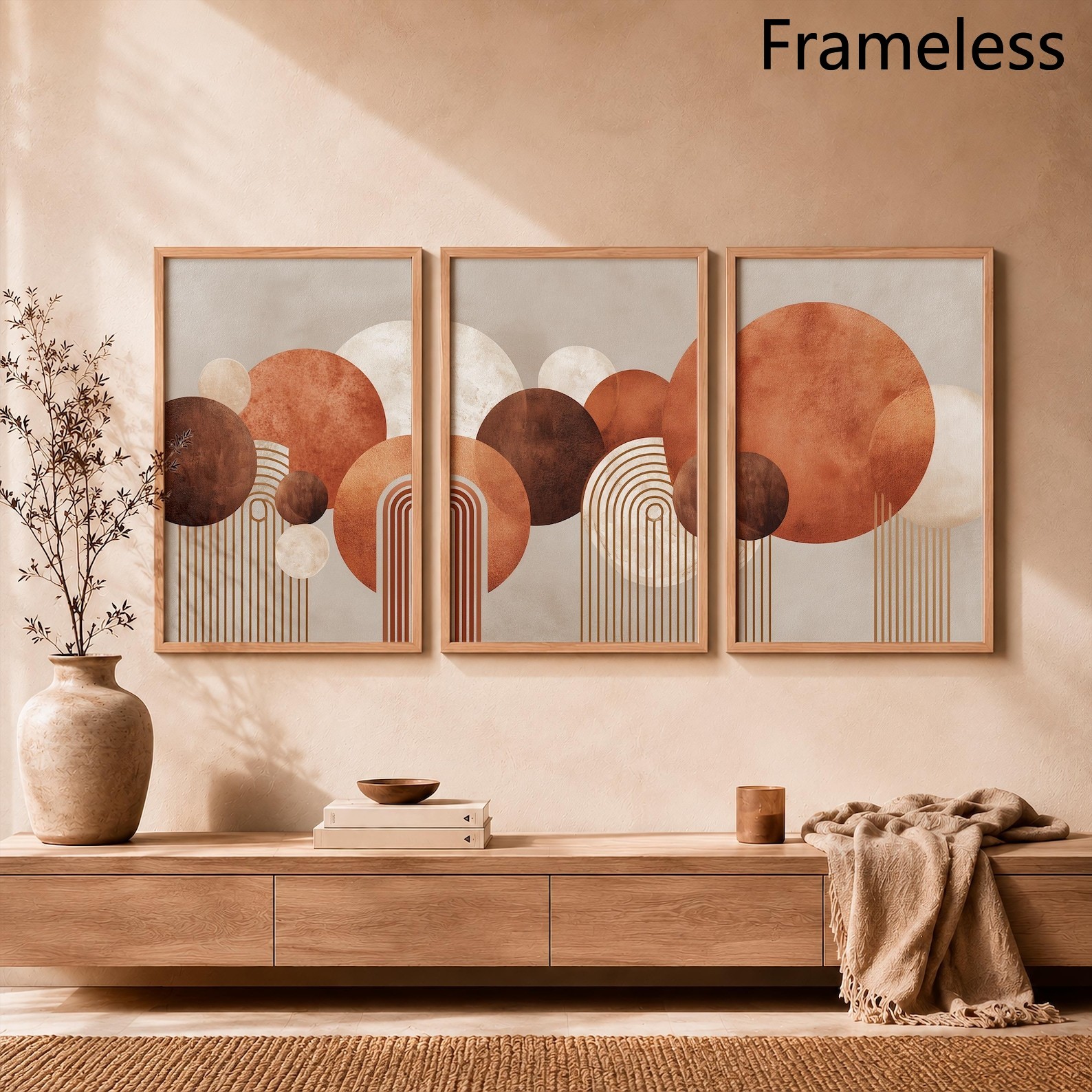 TEMU 2d Flat, 3pcs Boho Geometric Triptych Wall Art Suitable For Modern Minimalist Decor, Abstract Circle & Arch Prints Tones, Frameless Vertical