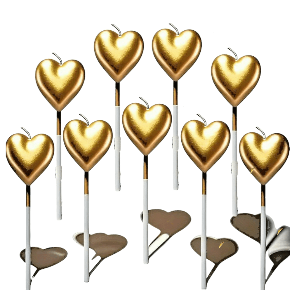 9pcs Metallic Heart-shaped Birthday Cake Candles. Multiple Colors , Including Golden, Silvery, Metallic Pink, And Red