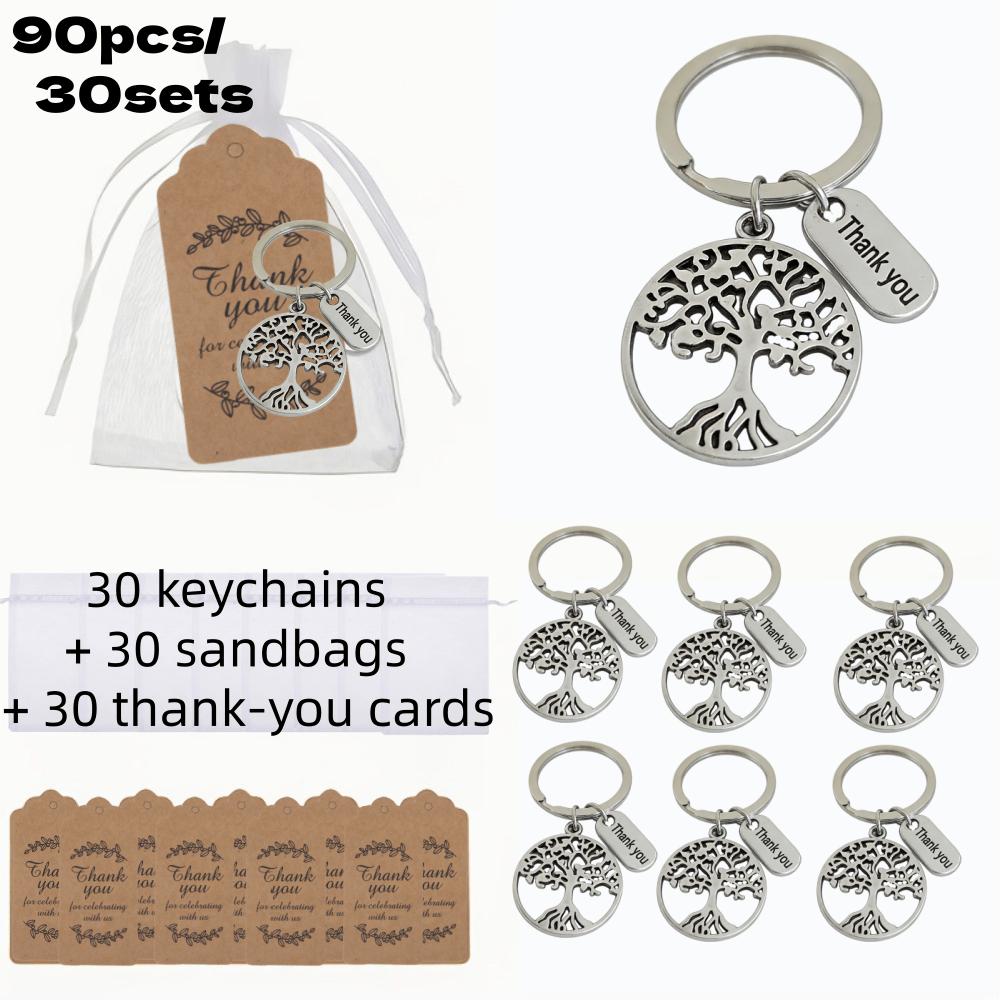 E-shop Stück Baum des Lebens Schlüsselanhänger Großpackung Geschenkset | Inklusive Dankeskarten & Webtaschen mit Kordelzug | für Weihnachten,