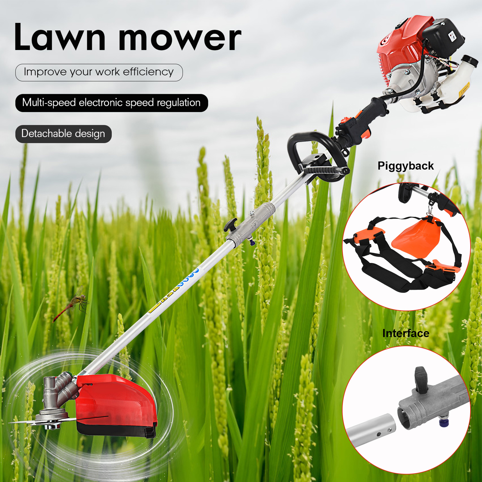 52cc heavy-duty   gas- lawn mower with  ,   lawn mower, hedge cutter, brush cutter, soil   &   - large 180.01cm width,   machine for residential & commercial use, compact storage design, handlebar & features, ideal for lawns, hedges, brush, soil, and trenching Product details 4