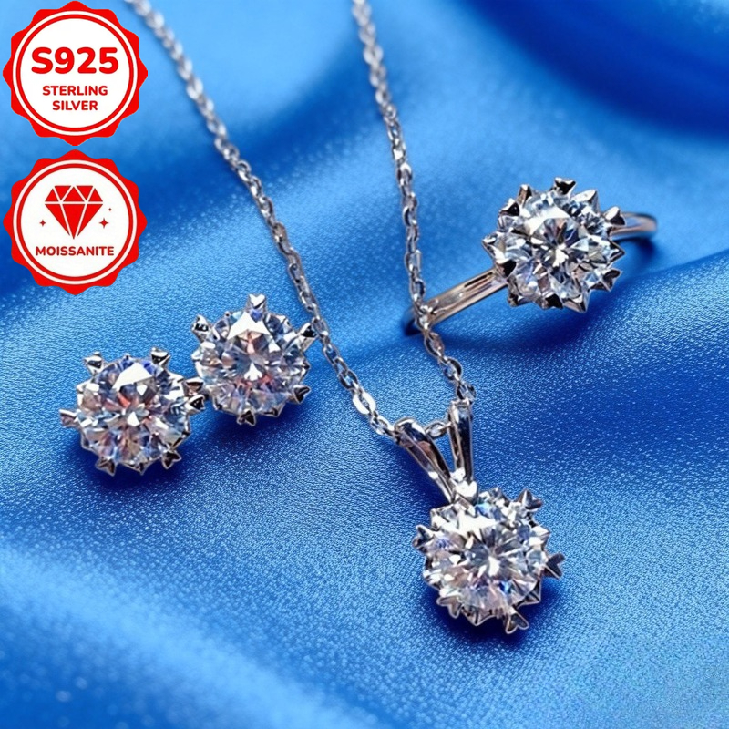 S 925 Sterling Silver Pendant Necklace, Ring, And Earring Set Features Sparkling Moissanite, An Elegant And Piece Suitable For Casual Attire Or As A Gift.