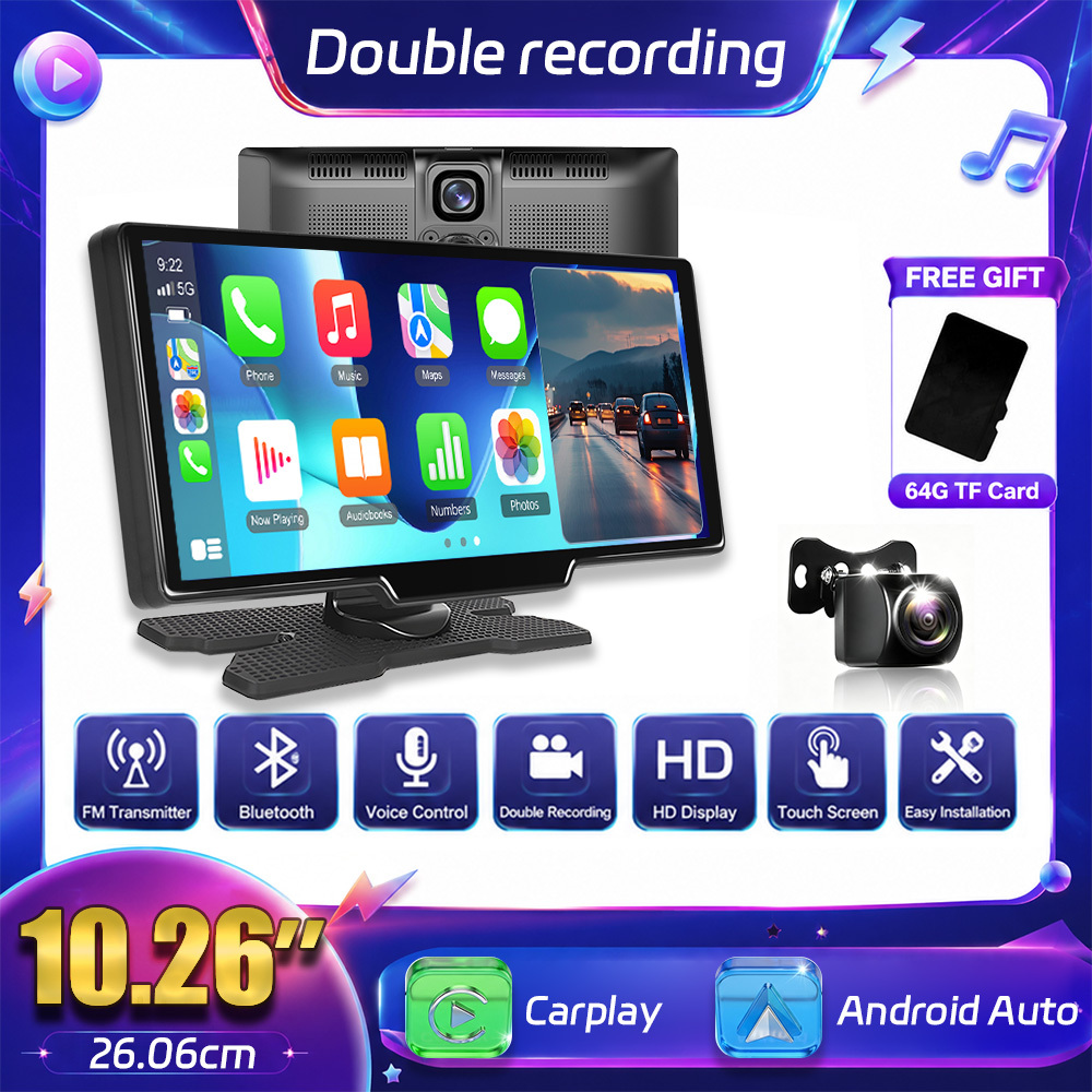 Image of Portable Car Stereo Wireless Car Player For Auto With Dash Cam, 10.26' Hd Ips Screen Car Radio, Front/rear View Camera, Loop Recording, Voice Control, Navigation, Aux/fm Transmitter